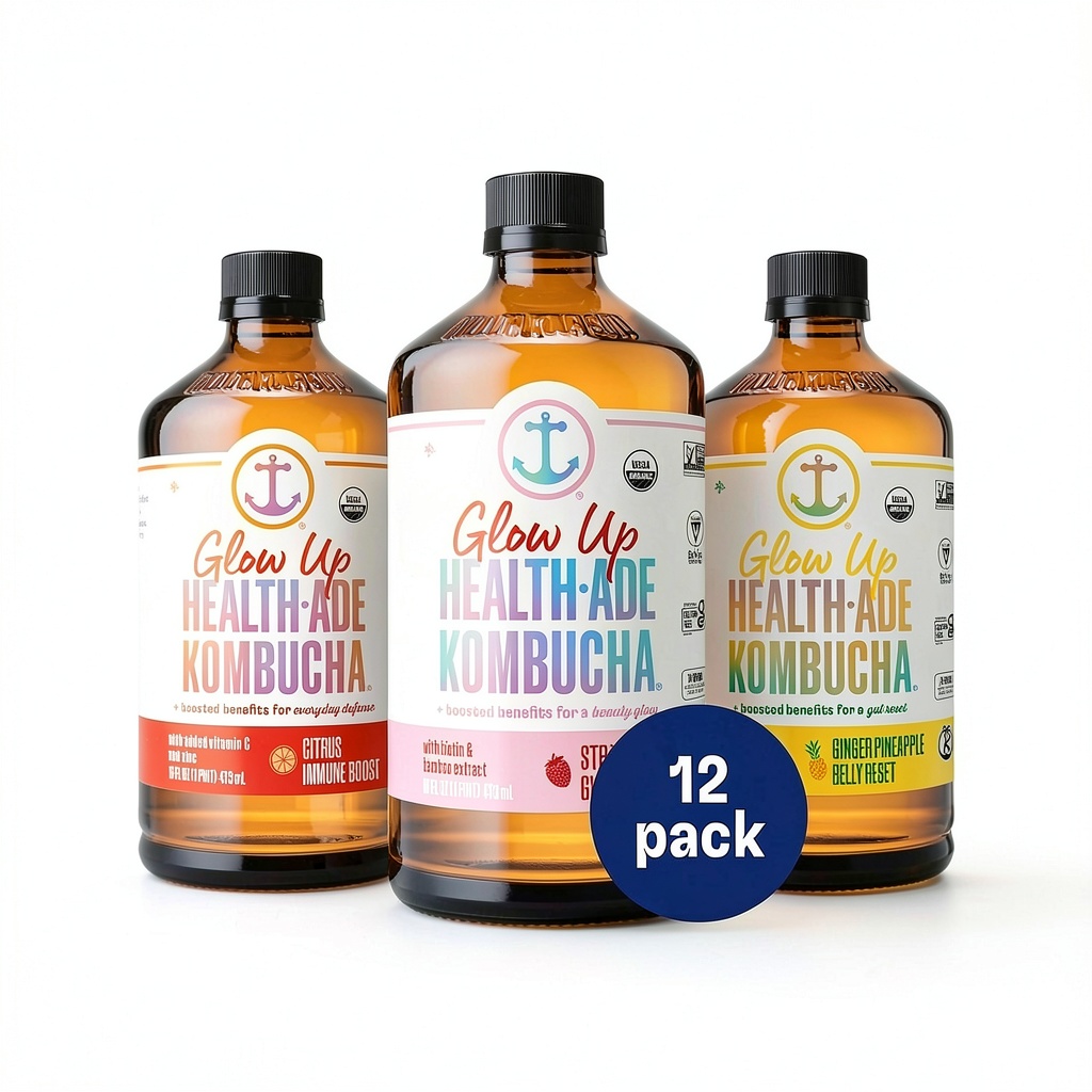 Health Ade Kombucha Glow Up bottles displayed on a kitchen counter