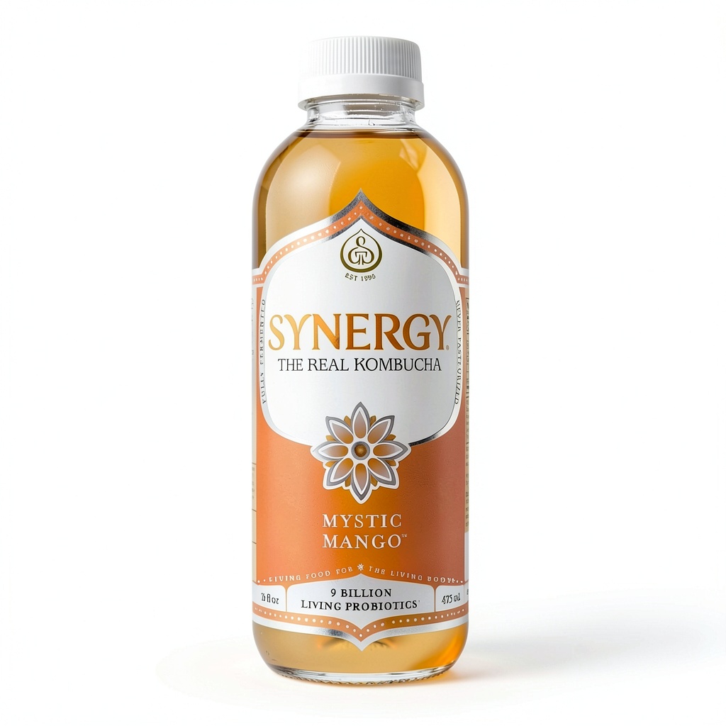 GT's Synergy Kombucha mango bottle on a kitchen counter