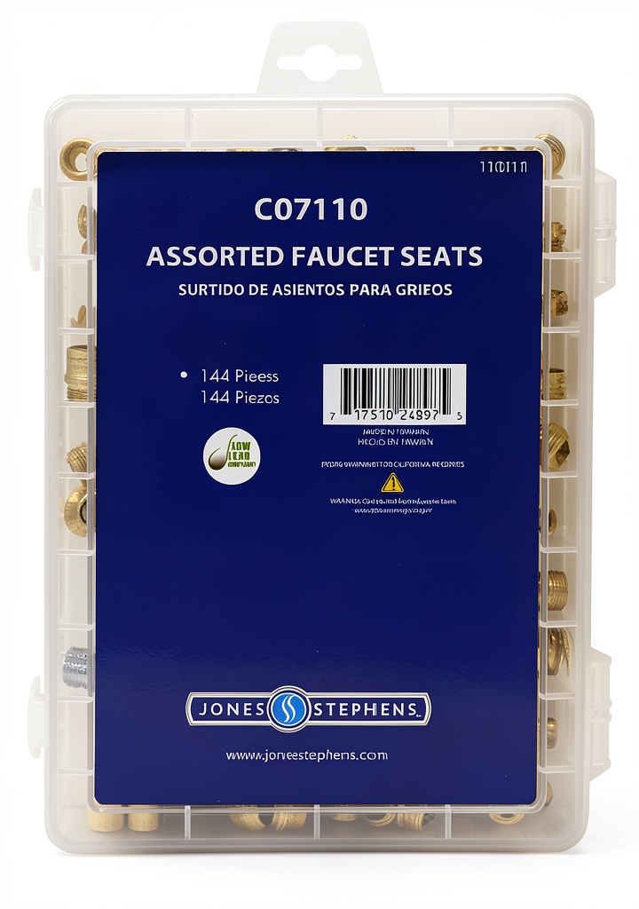 Jones Stephens faucet seats displayed in organized box