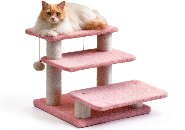 15H Multi Step Pet Stairs Furcato 3-Step with Teddy Fleece Pink-0