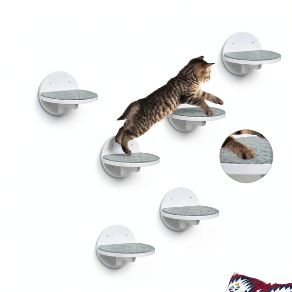 Cat Wall Shelves Furniture Set of 6, Wooden Cat Steps for with Scratching Pad, Sturdy Floating Climber Ladder Stairs, Cats Climbing Wall Systems for Cats Sleep Climb Play (White)-2
