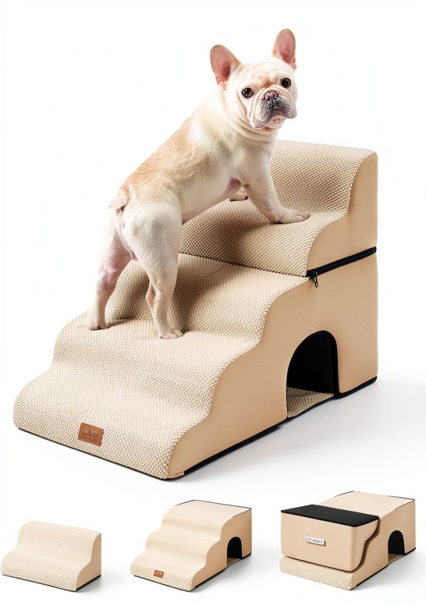 Extra Wide Dog Stairs with Tunnel by COZY KISS 5‑Step Beige-0