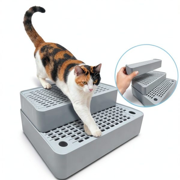 Tianhaom 3 Steps Cat Litter Box Step Light Grey Non Slip Ramp-2