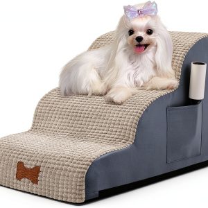 POCBLUE Dog Stairs for Small Dogs 15.7" H, Wide Pet Step for Couch/Sofas/Chairs, Curved Pet Ramps for Small Dogs & Cats with High-Density Foam and Washable Cover, 3-Step, Grey-0