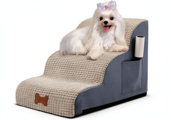 POCBLUE Dog Stairs for Small Dogs 15.7" H, Wide Pet Step for Couch/Sofas/Chairs, Curved Pet Ramps for Small Dogs & Cats with High-Density Foam and Washable Cover, 3-Step, Grey-0