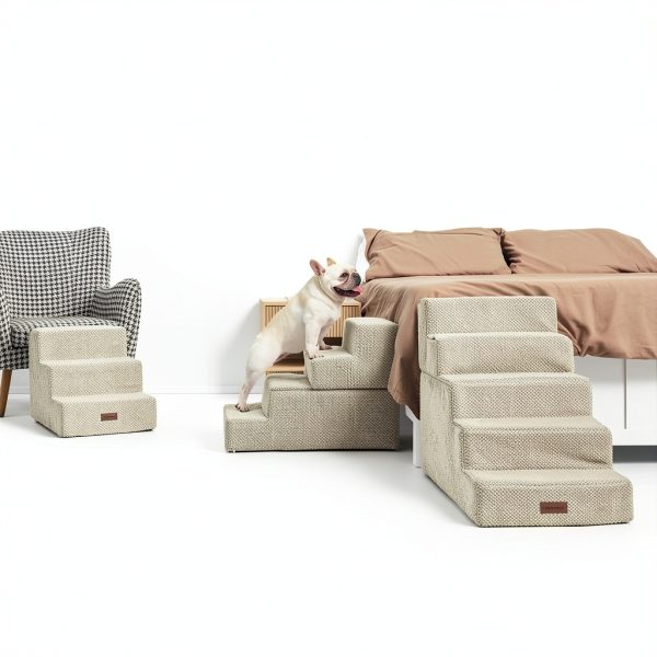 Dog Stairs for Small Dogs & Cats, 3-Step Non-Slip Pet Steps for Couch Sofa and Chair, Beige, 13.6" H-1