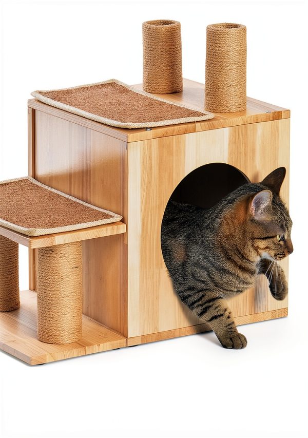 3-in-1 Pet Stairs by KinoTail Wood Cat Stairs with Condo Cave-2