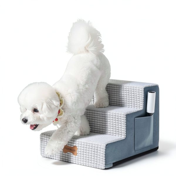 Dog Stairs POCBLUE 4-Step Grey Foam for Bed & Couch 17.7"-4