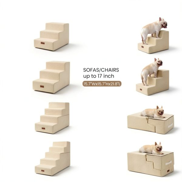 Dog Stairs for Small Dogs & Cats, 3-Step Non-Slip Pet Steps for Couch Sofa and Chair, Beige, 13.6" H-2