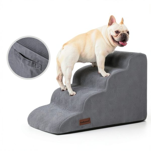 Dog Steps for Bed, 4-Step Dog Stairs Ramp for Small Dogs and Cats, Indoor Non-Slip Pet Stairs Suitable for Older, Short-Legged, and Puppy Dogs to Climb onto High Beds and Couch, 17.4" H,Grey-3