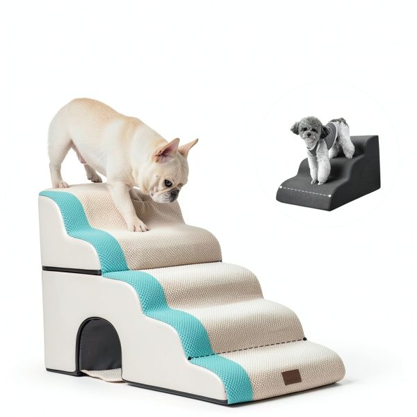 Extra Wide Dog Stairs with Tunnel by COZY KISS 5‑Step Beige-1