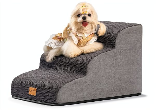 GoGoBunny Ramp Dog Stairs for Couch Sofa and Chair 15.7" H, 3-Step Pet Steps for Small Dogs and Cats, Non-Slip Waterproof Fabric Cover, Stable and Balanced Indoor Step, Pets Friendly, Grey-0
