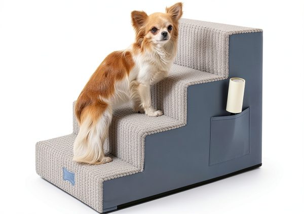 Dog Stairs POCBLUE 4-Step Grey Foam for Bed & Couch 17.7"-0