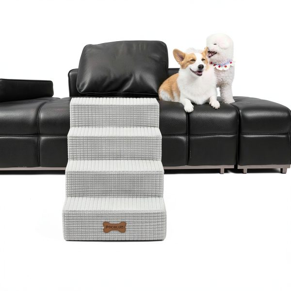Dog Stairs POCBLUE 4-Step Grey Foam for Bed & Couch 17.7"-3