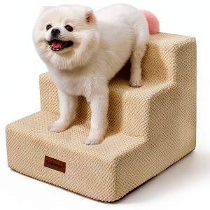 Dog Stairs for Small Dogs & Cats, 3-Step Non-Slip Pet Steps for Couch Sofa and Chair, Beige, 13.6" H-0