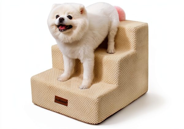 Dog Stairs for Small Dogs & Cats, 3-Step Non-Slip Pet Steps for Couch Sofa and Chair, Beige, 13.6" H-0