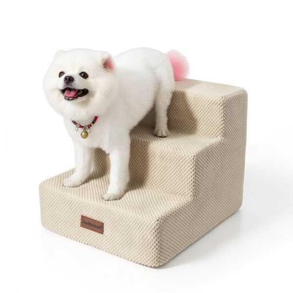 Dog Stairs for Small Dogs & Cats, 3-Step Non-Slip Pet Steps for Couch Sofa and Chair, Beige, 13.6" H-4