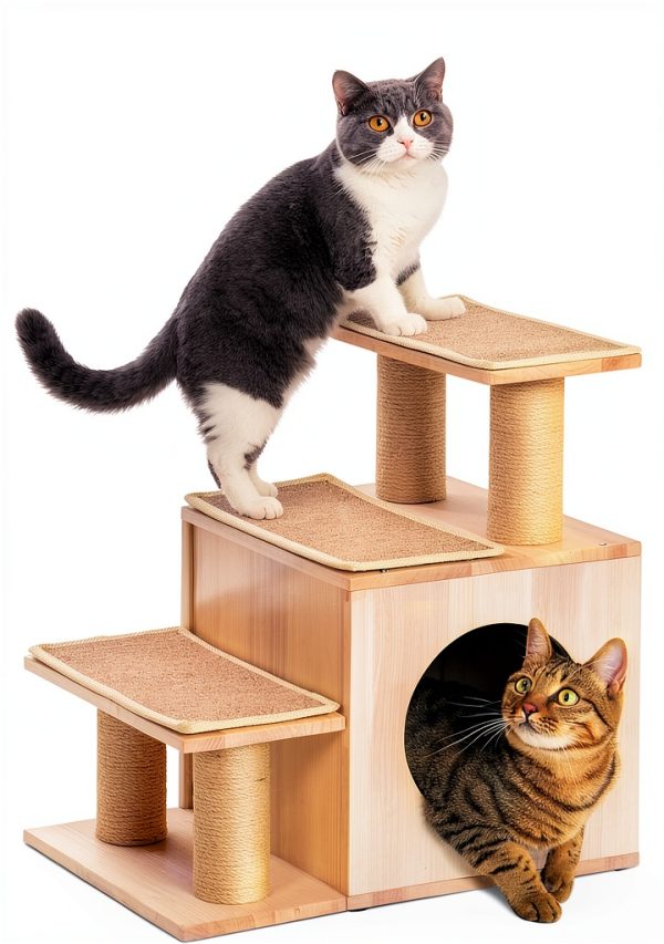 3-in-1 Pet Stairs by KinoTail Wood Cat Stairs with Condo Cave-0