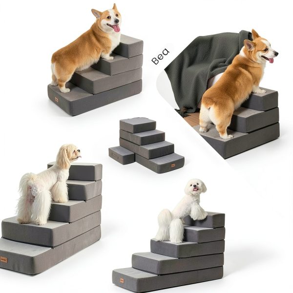 5-Step Adjustable Dog Stairs for High Beds, Dog Steps for Small Dogs and Cats, Foldable Pet Stairs for Bed Climbing, Non-Slip Pet Step Indoor, Grey-4