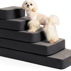 5-Step Adjustable Dog Stairs for High Beds, Dog Steps for Small Dogs and Cats, Foldable Pet Stairs for Bed Climbing, Non-Slip Pet Step Indoor, Grey-0
