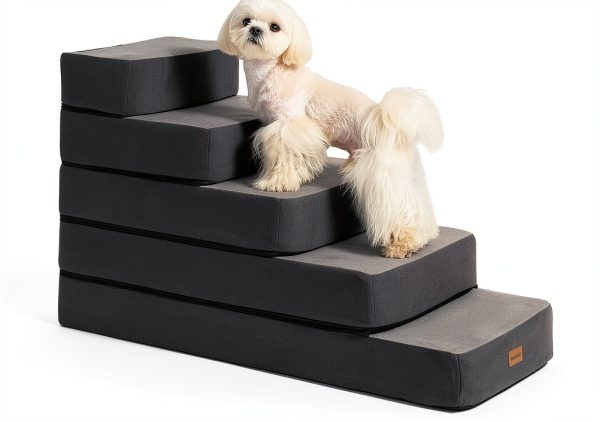 5-Step Adjustable Dog Stairs for High Beds, Dog Steps for Small Dogs and Cats, Foldable Pet Stairs for Bed Climbing, Non-Slip Pet Step Indoor, Grey-0