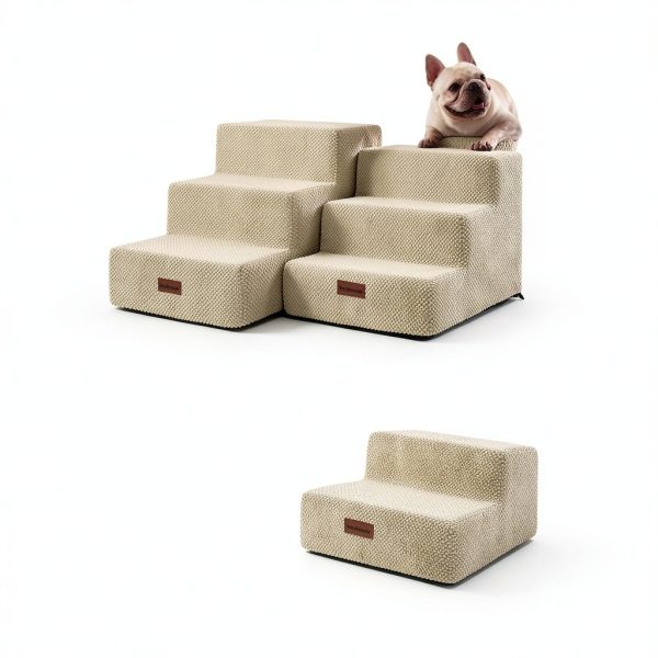 Dog Stairs for Small Dogs & Cats, 3-Step Non-Slip Pet Steps for Couch Sofa and Chair, Beige, 13.6" H-7