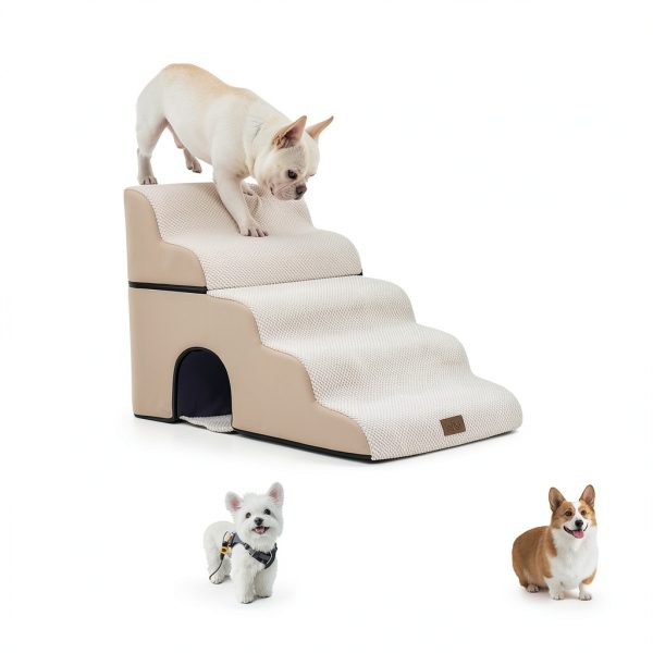 Extra Wide Dog Stairs with Tunnel by COZY KISS 5‑Step Beige-6