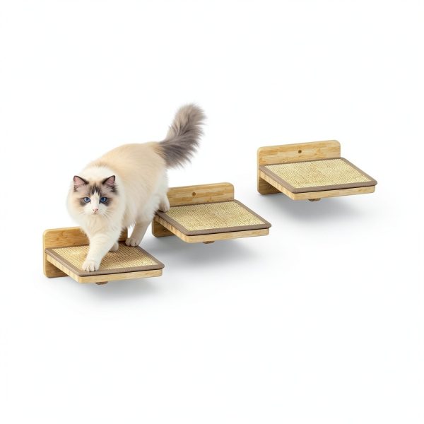 Cat Wall Steps 3Pcs 8"×7" Natural Wood Ladder with Fixtures for Cats-2