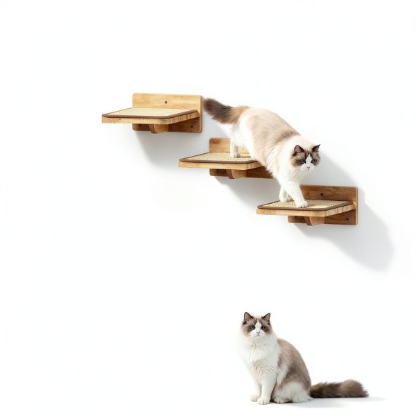 Cat Wall Steps 3Pcs 8"×7" Natural Wood Ladder with Fixtures for Cats-1