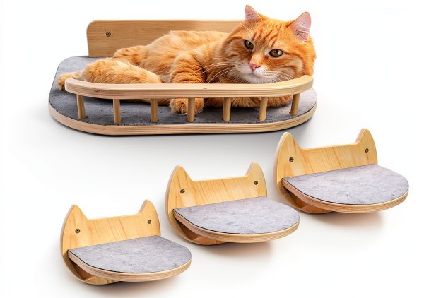 Cat Wall Shelves with 3 Steps – Modern Wood Wall Mounted Furniture, Climber & Perch Shelf for Cats up to 30lbs – Sturdy Floating Bed for Large Cats-0